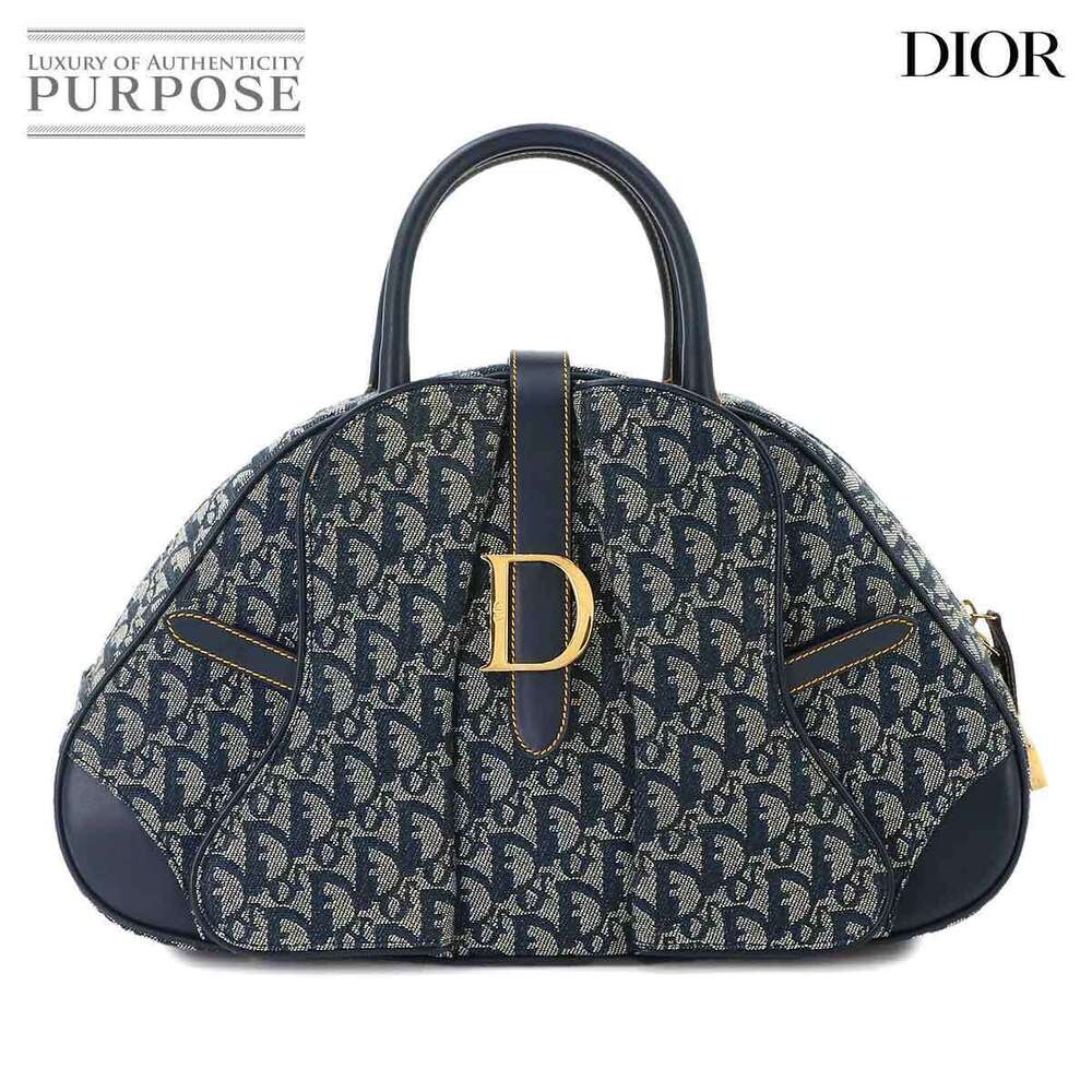 Christian Dior Trotter Double Saddle Handbag Canvas Leather Navy Blue